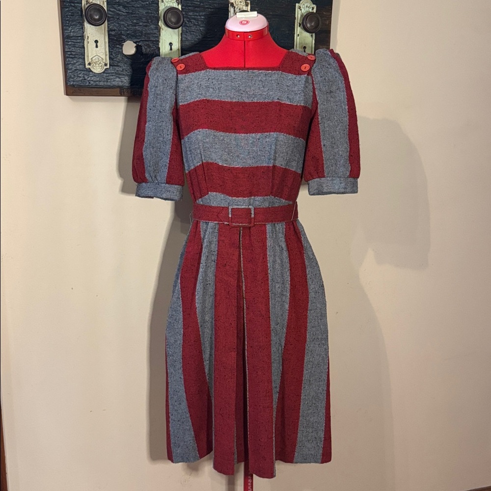 Vintage Jolibel Red and Grey Striped Pleated Dress - Picture 4 of 16